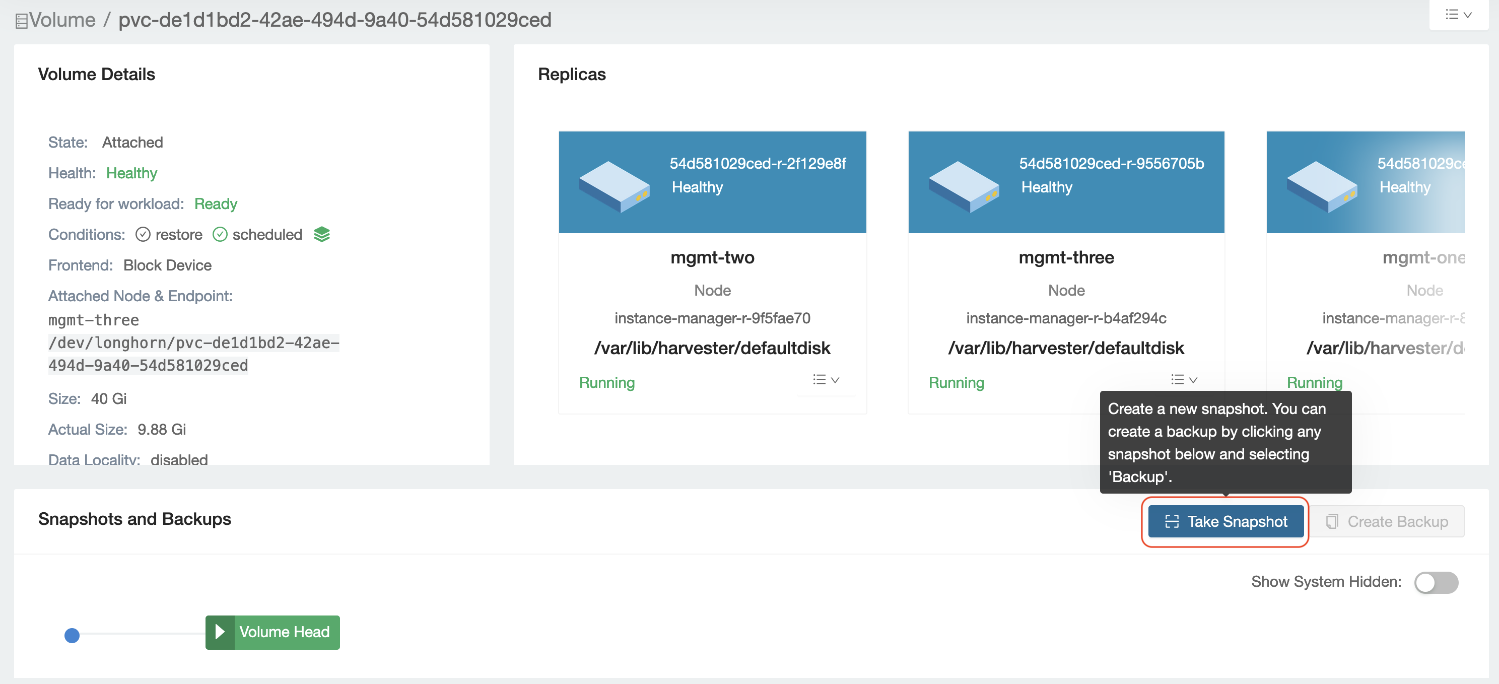 take snapshot on volume page